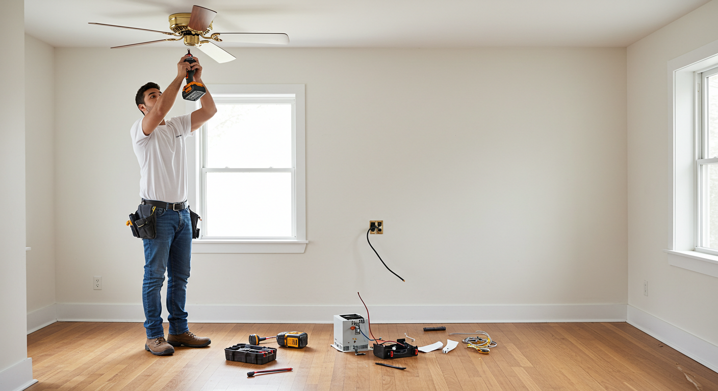 Ceiling fan installation — modern fan with remote kit